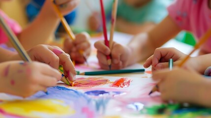 Closeup shot of hands of children drawing and painting water or crayons on paper of their own...