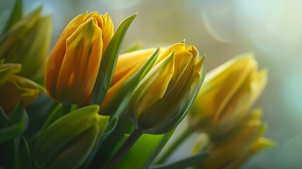 Naklejka premium Bright fresh yellow tulips close up Closeup of tulip buds Bouquet of tulips : Generative AI