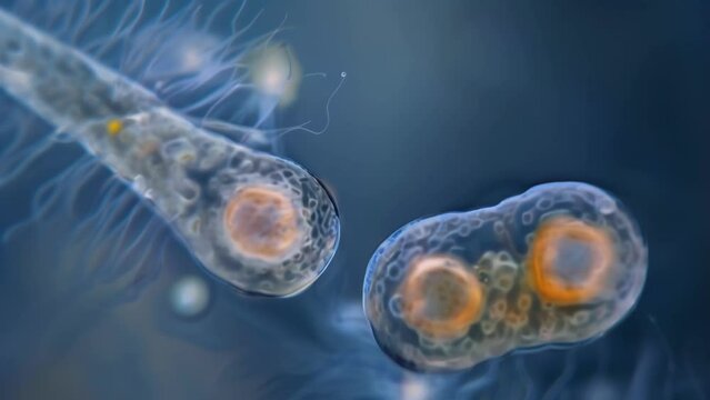 A magnified image of two freshwater euglenoids in the process of binary fission with their bodies dividing into two separate halves. . AI generation.