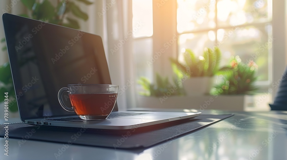 Poster home office concept designated work from home area near the window modern laptop with blurred screen