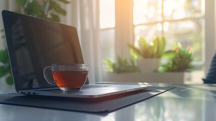 Home office concept Designated work from home area near the window Modern laptop with blurred screen and glass cup of tea on table Close up copy space interior background : Generative AI - Powered by Adobe