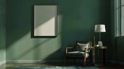 Green living room wall background with grey decorative chair lamp frame middle table and poster style : Generative AI