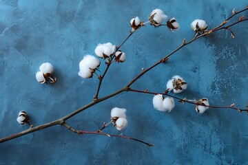 Ripe cotton balls on branch, blue background .