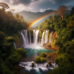 View of a natural waterfall in the middle of a tropical rainforest, A rainbow over a waterfall, waterfall in the forest, waterfall in rainbow