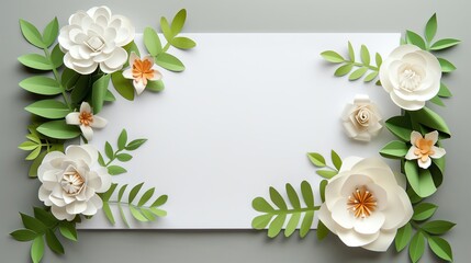Blank white card with paper flowers and green foliage, top view on a grey background