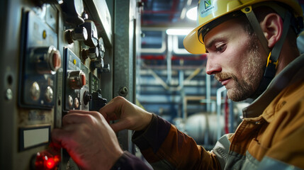 Focused technician adjusting pressure valves in industrial environment with expertise and attention to detail.