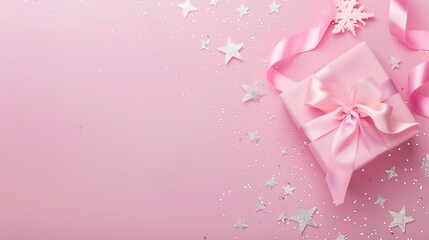 Festive pink background Gift with satin bow and shining stars on light pink pastel background Christmas Wedding Birthday Happy womans day Mothers Day Valentines Day Flat lay top view : Generative AI