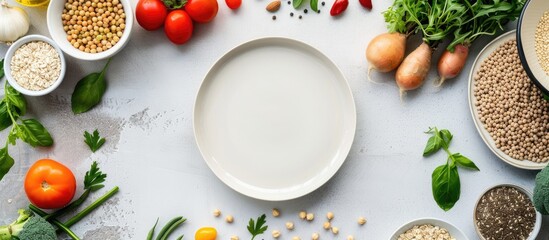 Fresh raw greens, vegetables, and grains are arranged on a light grey marble kitchen countertop, with a white plate placed in the center. This top view image conveys the ideas of healthy, clean eating