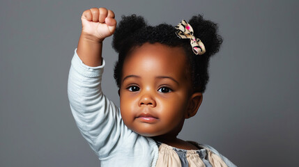 Joyful toddler with an empowering fist raised high, celebrating strength and diversity on a neutral backdrop