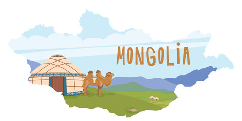 Naklejka premium Mongolian landscape. A yurt against a backdrop of mountains, a domestic camel next to a traditional nomadic dwelling. Green pastures, vector illustration for travel poster. Flat style. Map of Mongolia