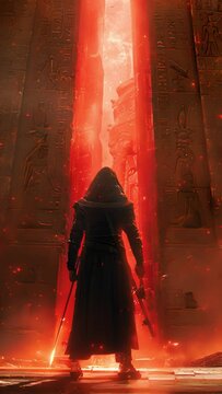 Anubis, the Egyptian god of the dead, stands in a red portal.