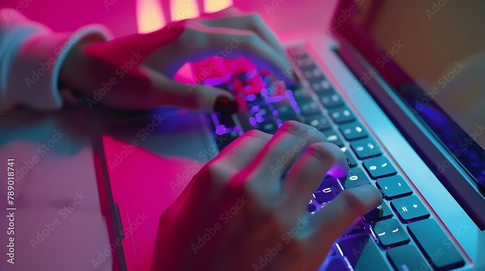 Poster Close up image of woman hands typing on laptop computer keyboard and surfing the internet on office table online working business and technology internet network communication concept : Generative AI
