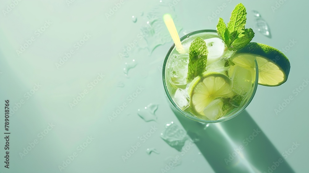 Poster caipirinha mojito cocktail vodka or soda drink with lime mint and straw on table background refreshi