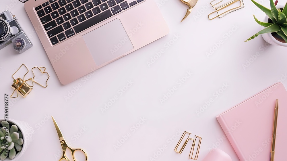Poster Flat lay top view office table desk feminine desk workspace with succulent laptop retro camera scissors diary and golden clips on white background : Generative AI
