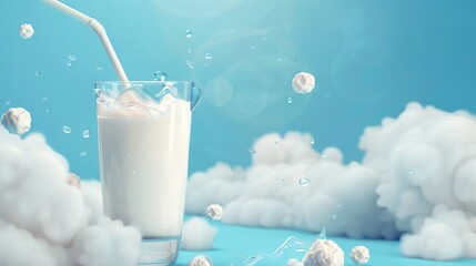 Spotted cows in the meadow and a glass with milk splash, Photo of a glass of a cow's milk, Cow and milk on blue sky, A glass of milk stands on a wooden table, Behind is a blurred background