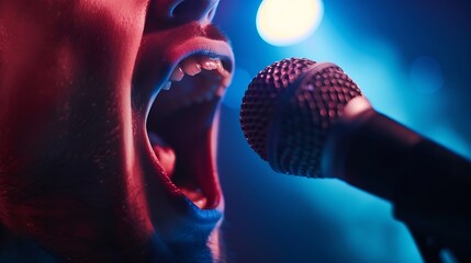 Sing talk or speak Singer mouth open Man with loud sound of voice Pronunciation in language education articulation exercise or vocal lesson Song in music studio Speech or karaoke Yell  : Generative AI