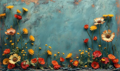 Obraz na płótnie Canvas Delicate wildflowers on a blue background.