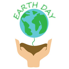 Earth day planet on the hands environment conservation concept. Save the green planet concept in realistic style with earth map. Editable vector EPS available