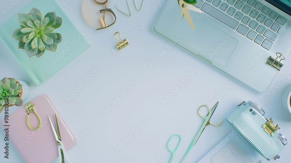 Aufkleber Flat lay top view office table desk feminine desk workspace with succulent laptop retro camera scissors diary and golden clips on white background : Generative AI