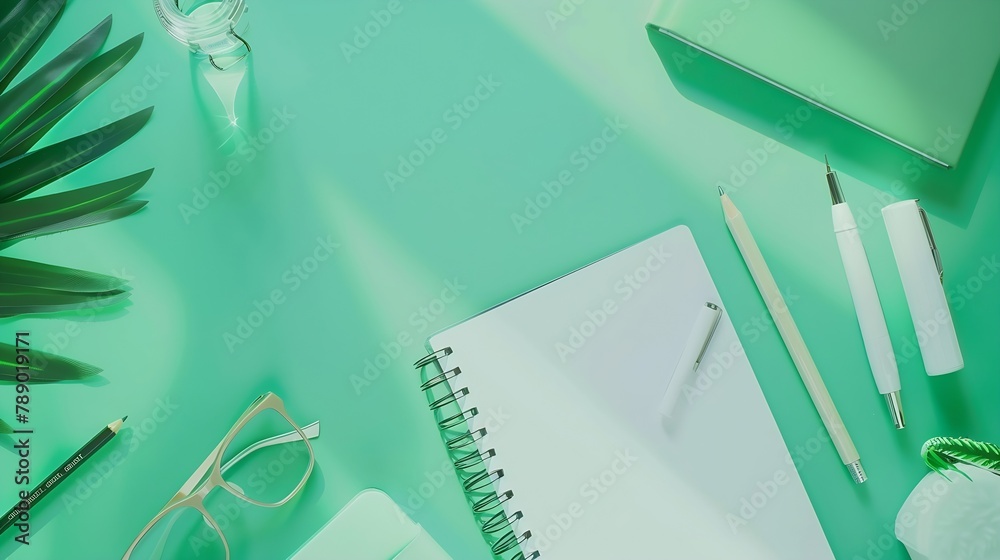 Poster workspace concept notepad and writing supplies on green desk flat lay top view copy space : generati