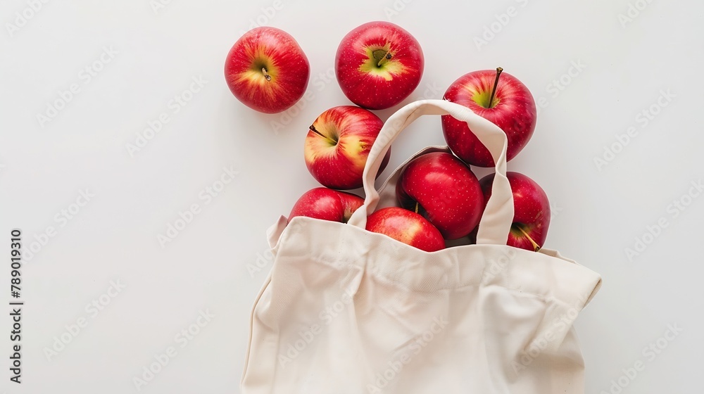 Aufkleber red ripe apples in shopping bag on white background autumn apple flat lay top view copy space autumn