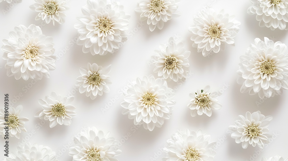 Poster white chrysanthemums on white background frame copy space top view flat lay : generative ai