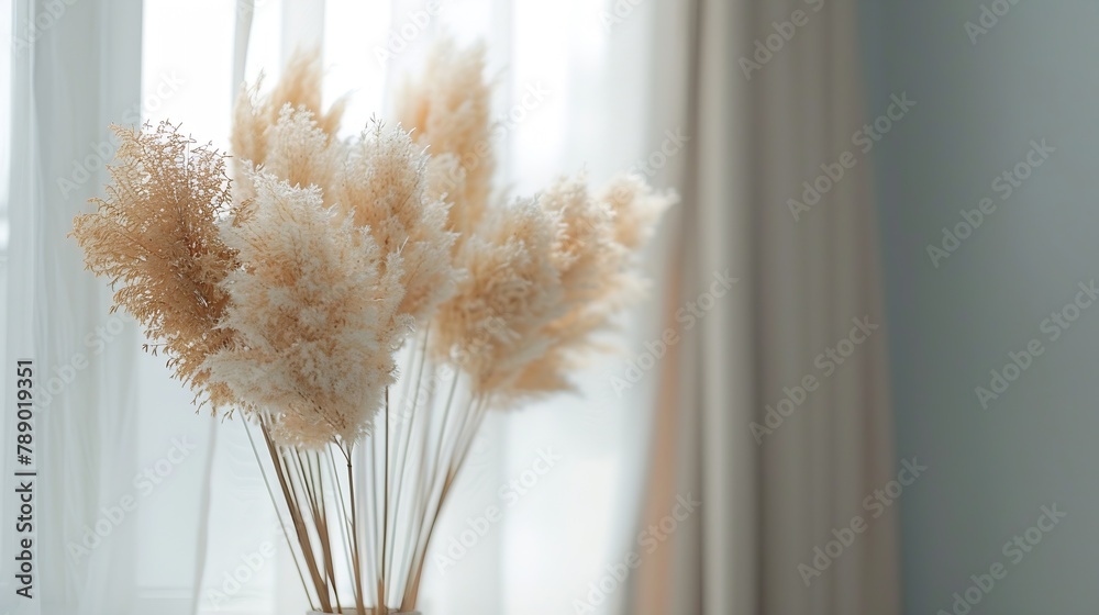Poster dried natural pampas grass in a vase on the window interior decor element close up view soft selecti