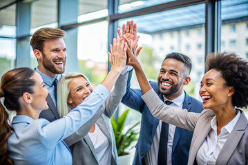 Business Team Celebrating Success: A team of business professionals celebrating their success with high fives and smiles, illustrating achievement and teamwork.
