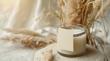 Candle with blank paper label on beige stone near dried pampas grass Close up copy space Boho brand packaging mock up Home decoration Close to nature or scandinavian style : Generative AI - obrazy, fototapety, plakaty
