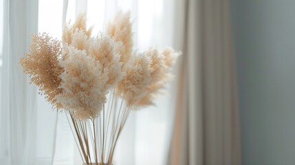 Dried natural pampas grass in a vase on the window Interior decor element Close up view Soft Selective Focus : Generative AI