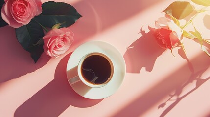Workspace Gift cup of coffee and rose flowers Flat lay top view copy space : Generative AI