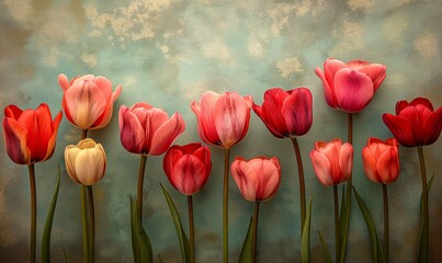 Colorful tulip flowers on vintage background.