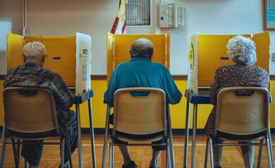Senior US citizen at voting booth at polling station.