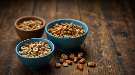 Nuts in a plate on a wooden background. View from above. Place for text, empty space.