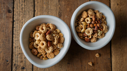 Fototapeta premium Nuts in a plate on a wooden background. View from above. Place for text, empty space.