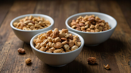 Fototapeta premium Nuts in a plate on a wooden background. View from above. Place for text, empty space.
