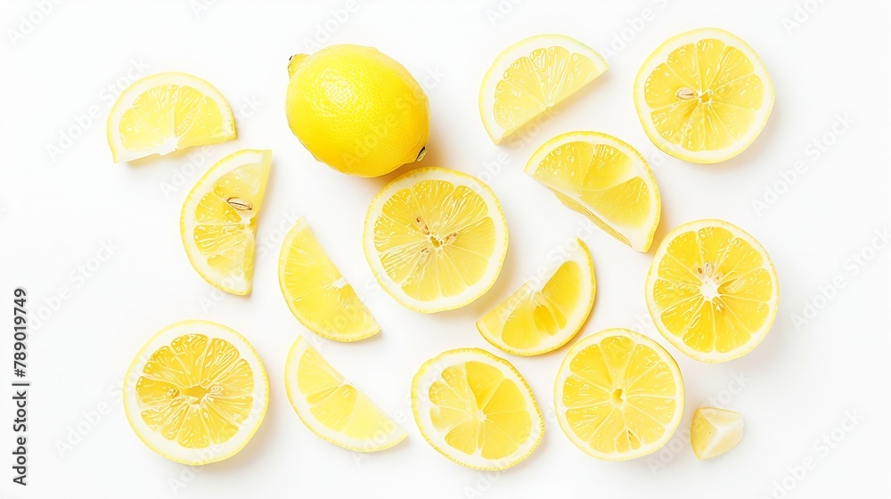 Poster Ripe lemon with slices isolated on white background with full depth of field Top view Flat lay : Generative AI