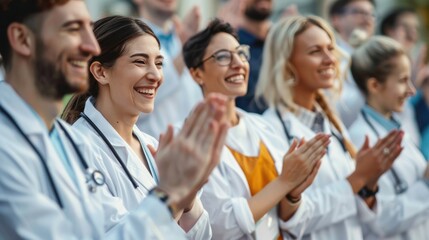 Group of Doctor support and applaud in celebration for team unity, healthcare achievement or goal at the hospital, Doctor teamwork concept.
