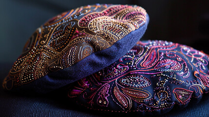  A charming beret in rich jewel tones, featuring intricate embroidery and subtle beadwork for a touch of Parisian flair.