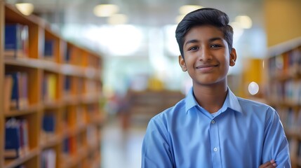 Portrait of a young Indian male student standing in an office campus library wearing a blue shirt and smiling at the camera Closeup photo : Generative AI