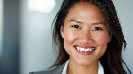 Individual close up portrait of one happy business woman looking at camera smiling with perfect white teeth wearing elegant suit Young executive asian female or successful corporate of : Generative AI