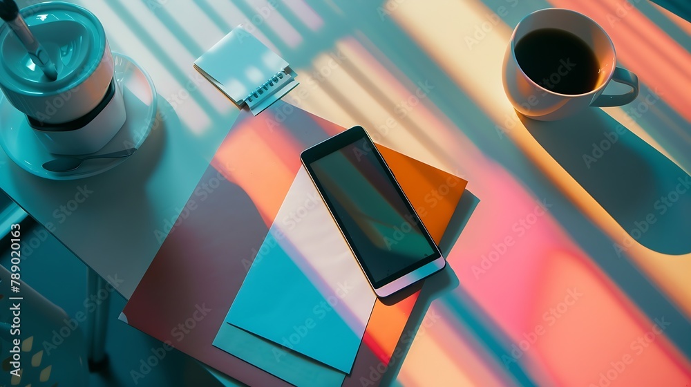 Poster creative flat lay photo of workspace desk with smartphone coffee tag letter and notebook with copy s