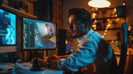 Diverse tech environment: energetic software developer engages in advanced programming on a desktop computer - Expert crafting cutting-edge applications, innovative gaming solutions