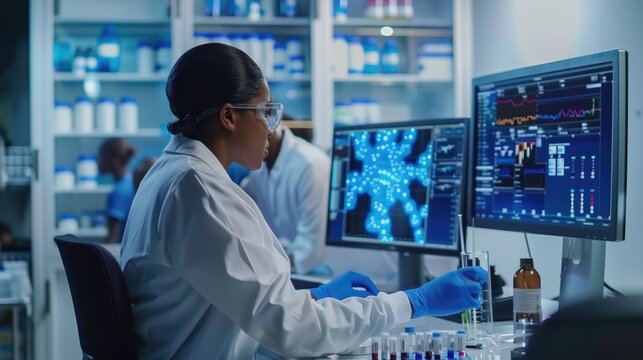 Female biochemist working with computer showing gene therapy interface at medical science laboratory with team of professional biotechnology scientists for developing drugs.