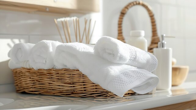 closeup white bath towels in a wicker basket next to accessories on a wooden shelf in the white bathroom at morning : Generative AI