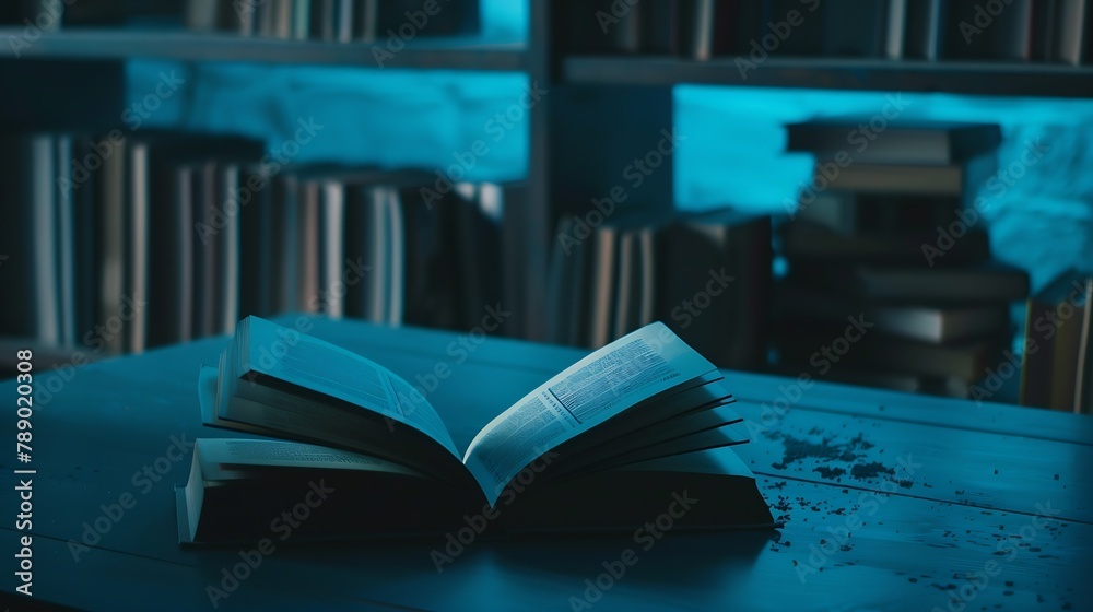 Poster open and closed books on dark blue table : generative ai