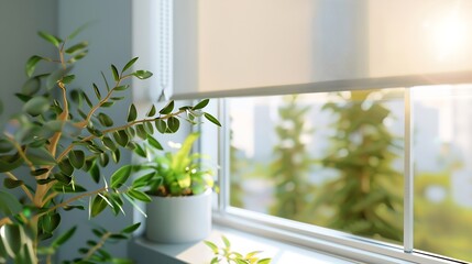 Roller blinds closeup on the window A houseplant is near the white color window shade The view outside the window is pine trees Sun protection for home : Generative AI