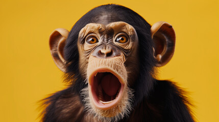 A baby monkey with a big open mouth and wide eyes. Concept of surprise and excitement. A baby monkey in a yellow background