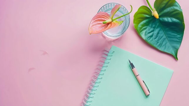 Green paper spiral notepad with anthurium or flamingo flower pen and glass of water on the pink background Business concept flat lay card Copy space : Generative AI