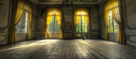 HDR processing in an empty castle with yellow curtains on the windows.